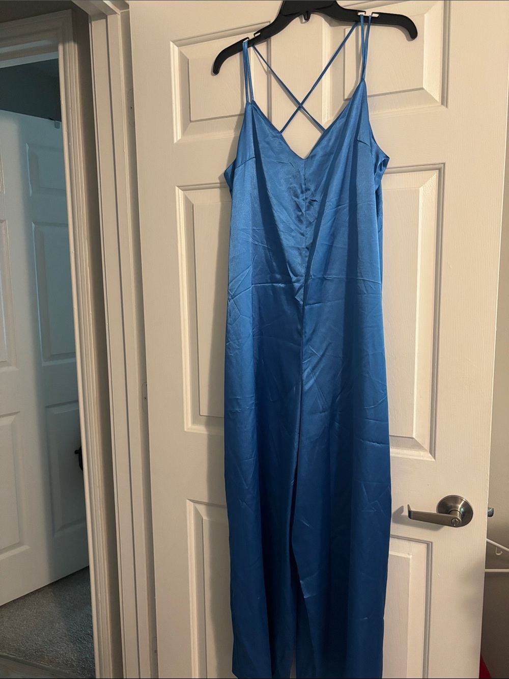 Cato Blue Satin Jumpsuit with Crisscross Straps